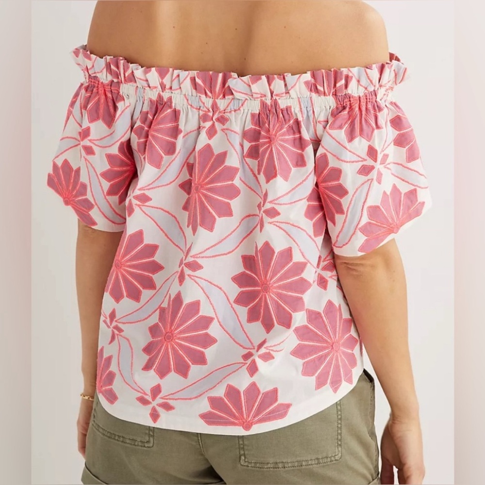 Anthropologie Maeve Neon Pink & White Embroidered Off the Shoulder Top - Picture 3 of 8